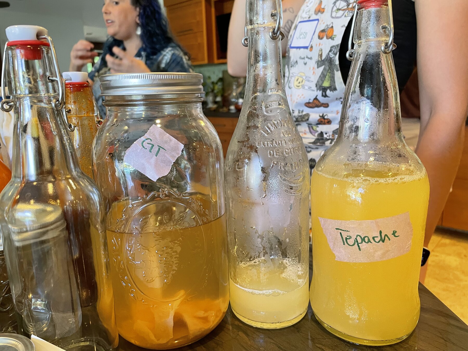 Bottles of kombucha fermenting on the counter