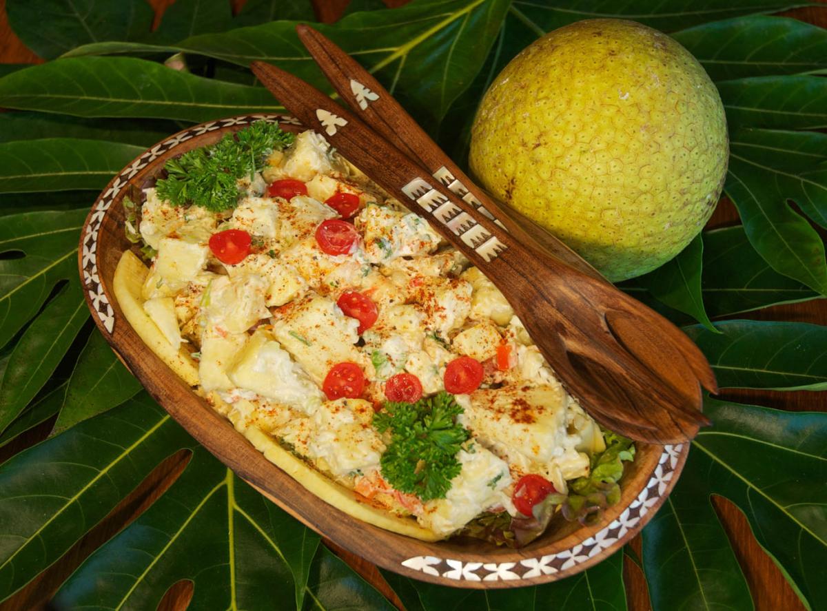 Various preparations of breadfruit including boiled, fried, and desserts