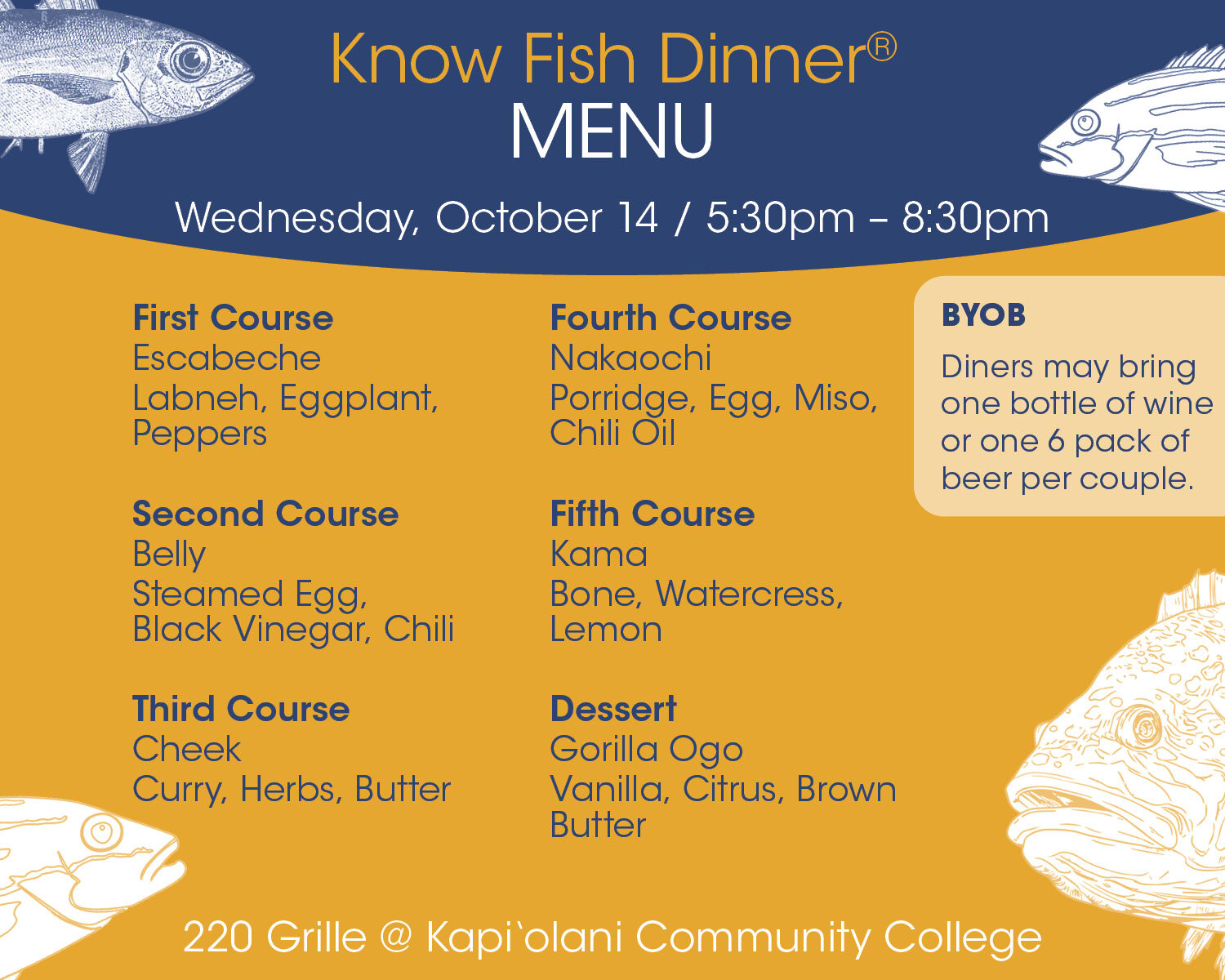Menu for the KNOW FISH Dinner®, October 14 2026 at 220 Grille
