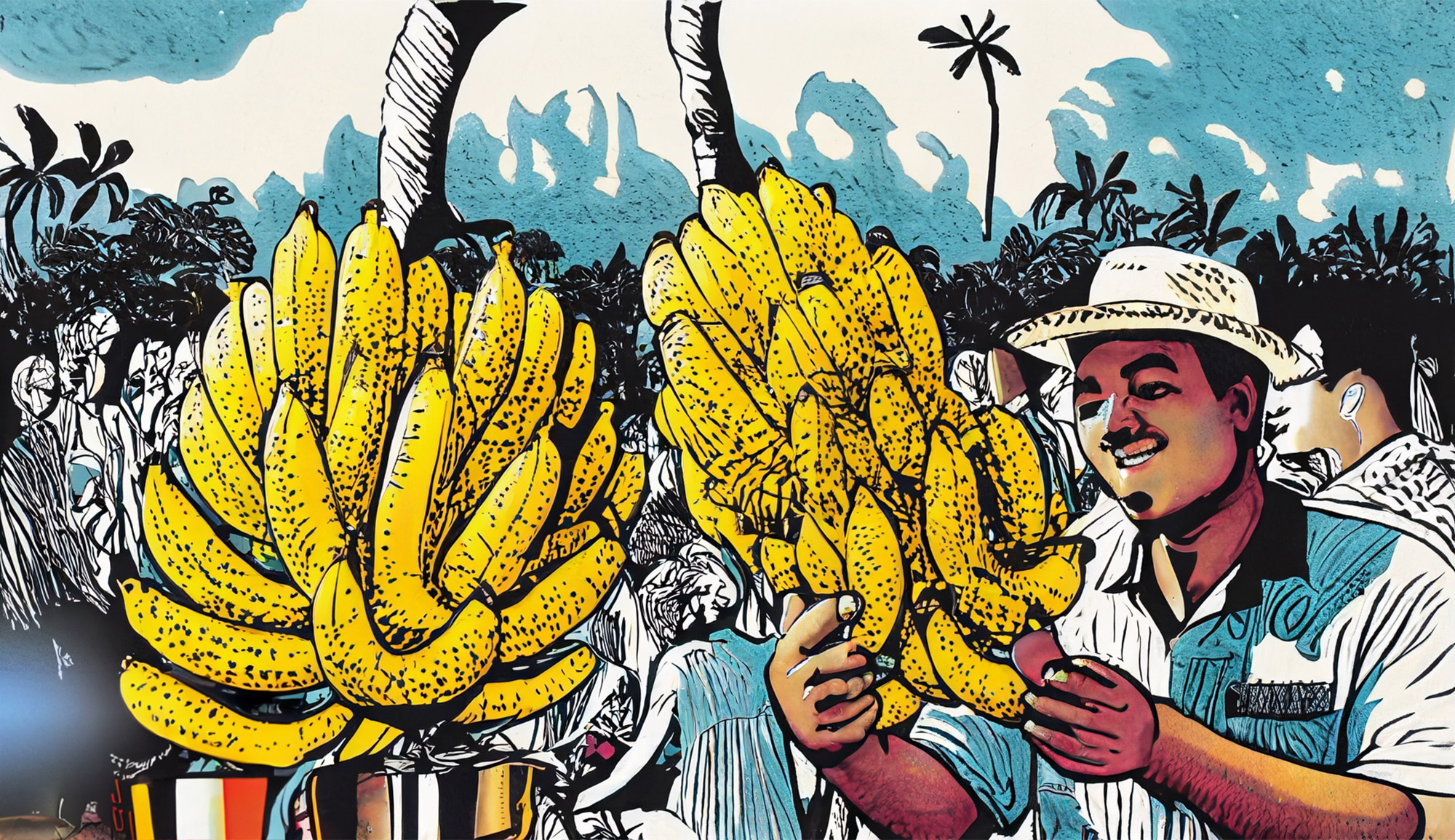 Illustration of a man selling banana bunches
